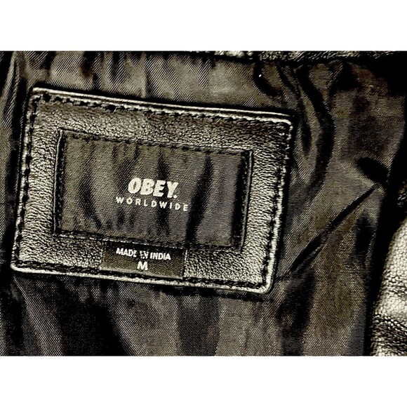 Obey Worldwide Leather Moto Jacket M Shepard Fairey Inner Art Black Biker Rare - Picture 5 of 11